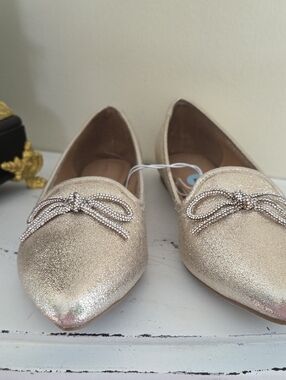 Report Champagne Glitter Pointed Flats with Crystal Bow